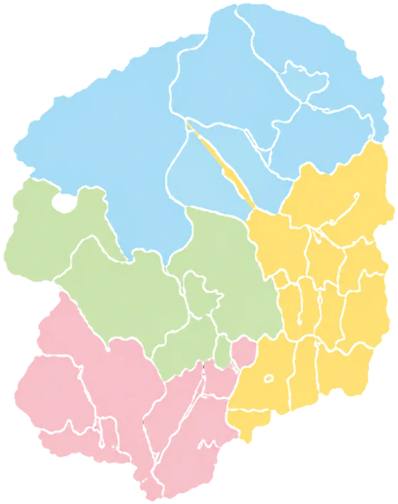 栃木県の4つのエリア区分（県央・県南・県東・県北）を色分けした地図